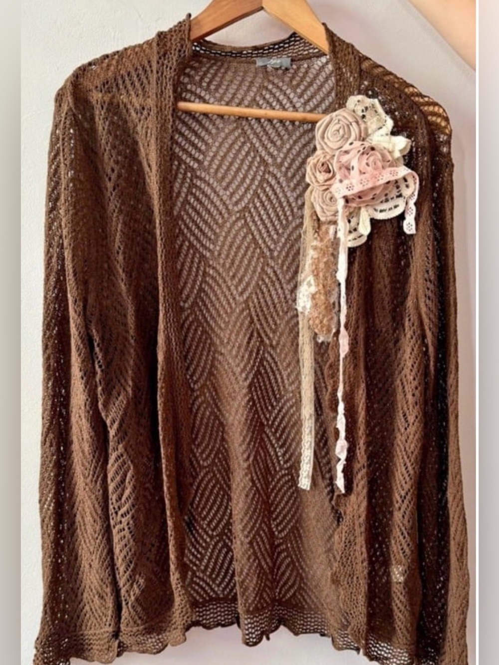Brown Open-Knit Cardigan with handmade floral appliqué! One of a kind piece.
